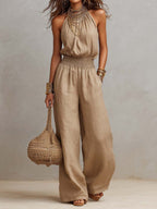 Sole | Tuta in Cotone e Lino con Scollo Halter e Gambe Larghe