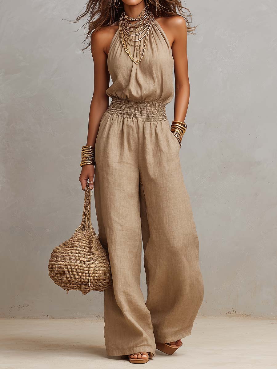 Sole | Tuta in Cotone e Lino con Scollo Halter e Gambe Larghe