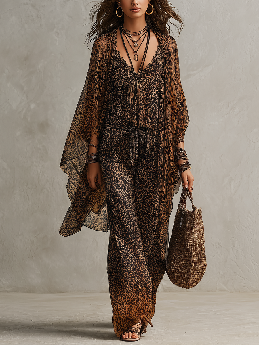 Set di tre pezzi in raso leopardato a gradiente bohemien