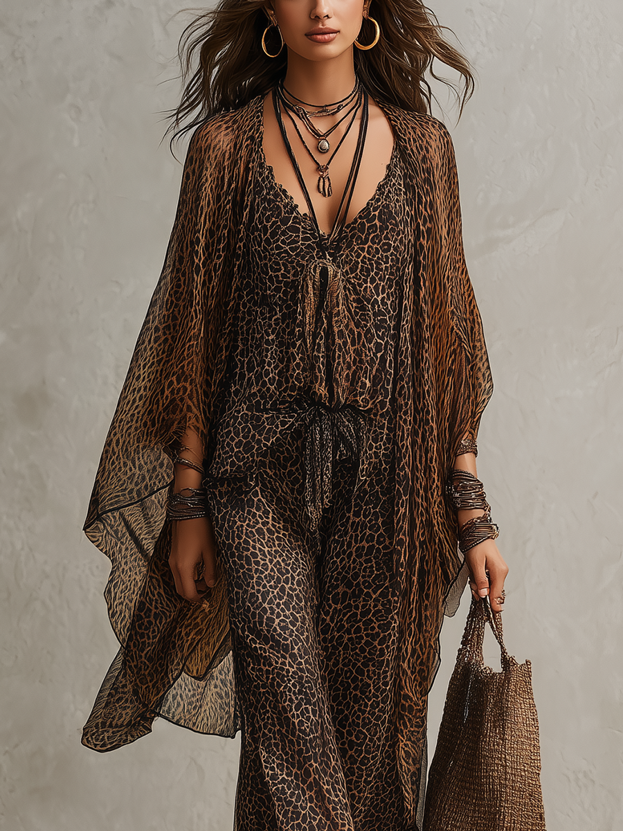 Set di tre pezzi in raso leopardato a gradiente bohemien