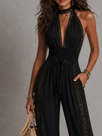 Nina | Tuta Boho Nera in Pizzo con Scollo a V e Gambe Larghe
