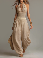Mia | Coordinato Bohémien in Cotone e Lino: Top Halter e Pantaloni Harem