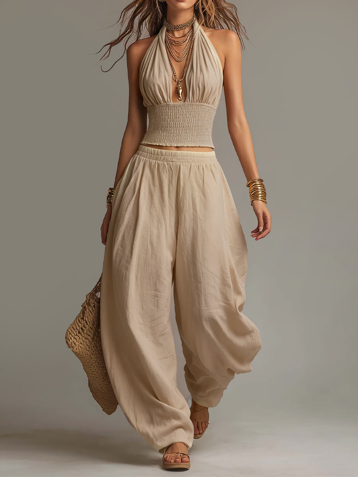 Mia | Coordinato Bohémien in Cotone e Lino: Top Halter e Pantaloni Harem