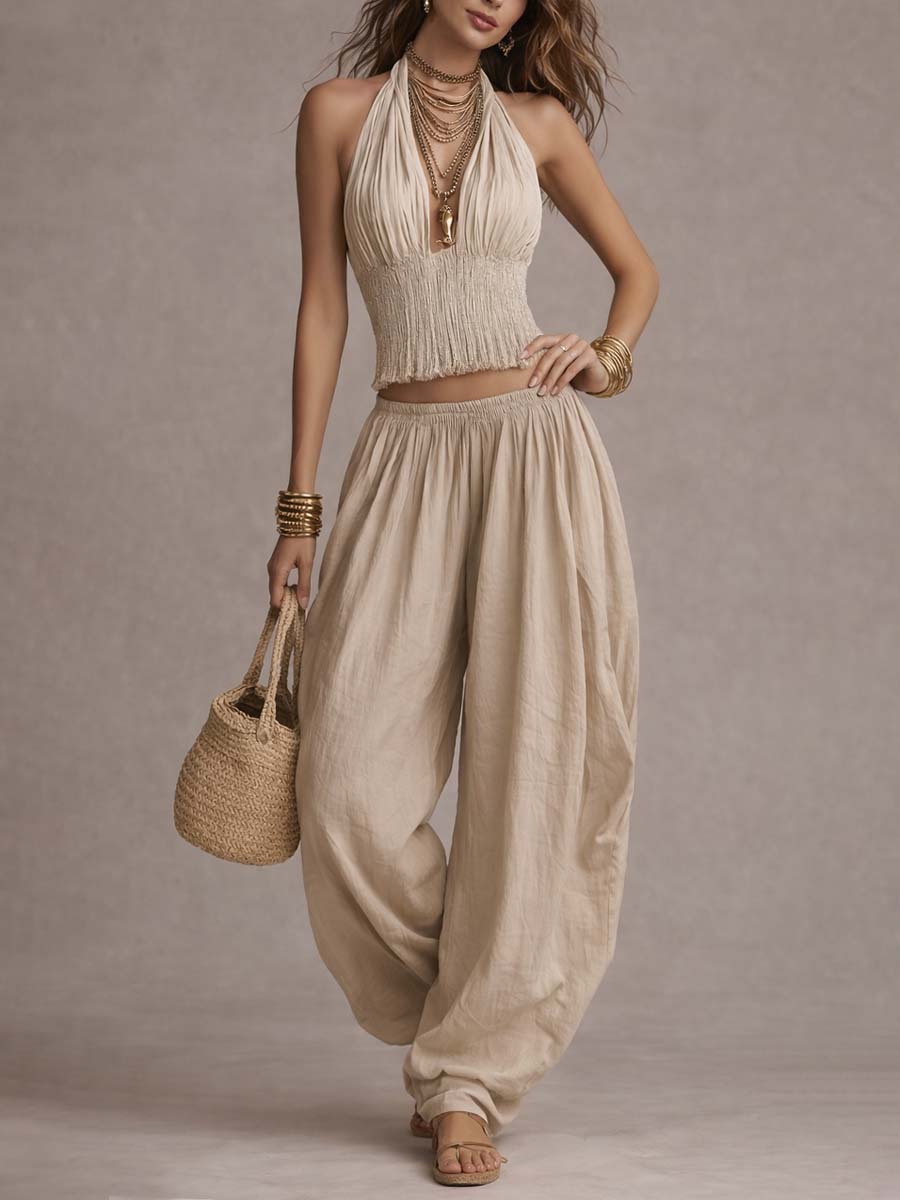 Mia | Coordinato Bohémien in Cotone e Lino: Top Halter e Pantaloni Harem
