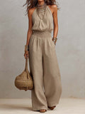 Sole | Tuta in Cotone e Lino con Scollo Halter e Gambe Larghe