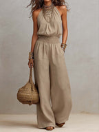 Sole | Tuta in Cotone e Lino con Scollo Halter e Gambe Larghe