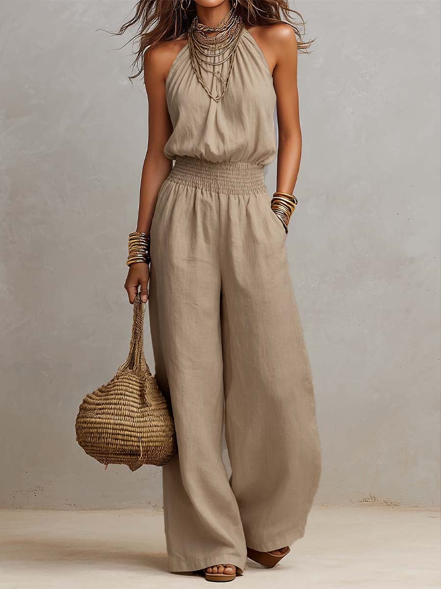 Sole | Tuta in Cotone e Lino con Scollo Halter e Gambe Larghe