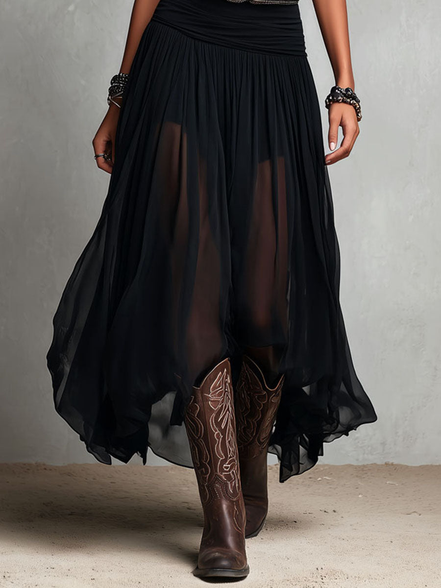 Penelope | Abito Maxi Boho Western Nero con Gonna in Tulle
