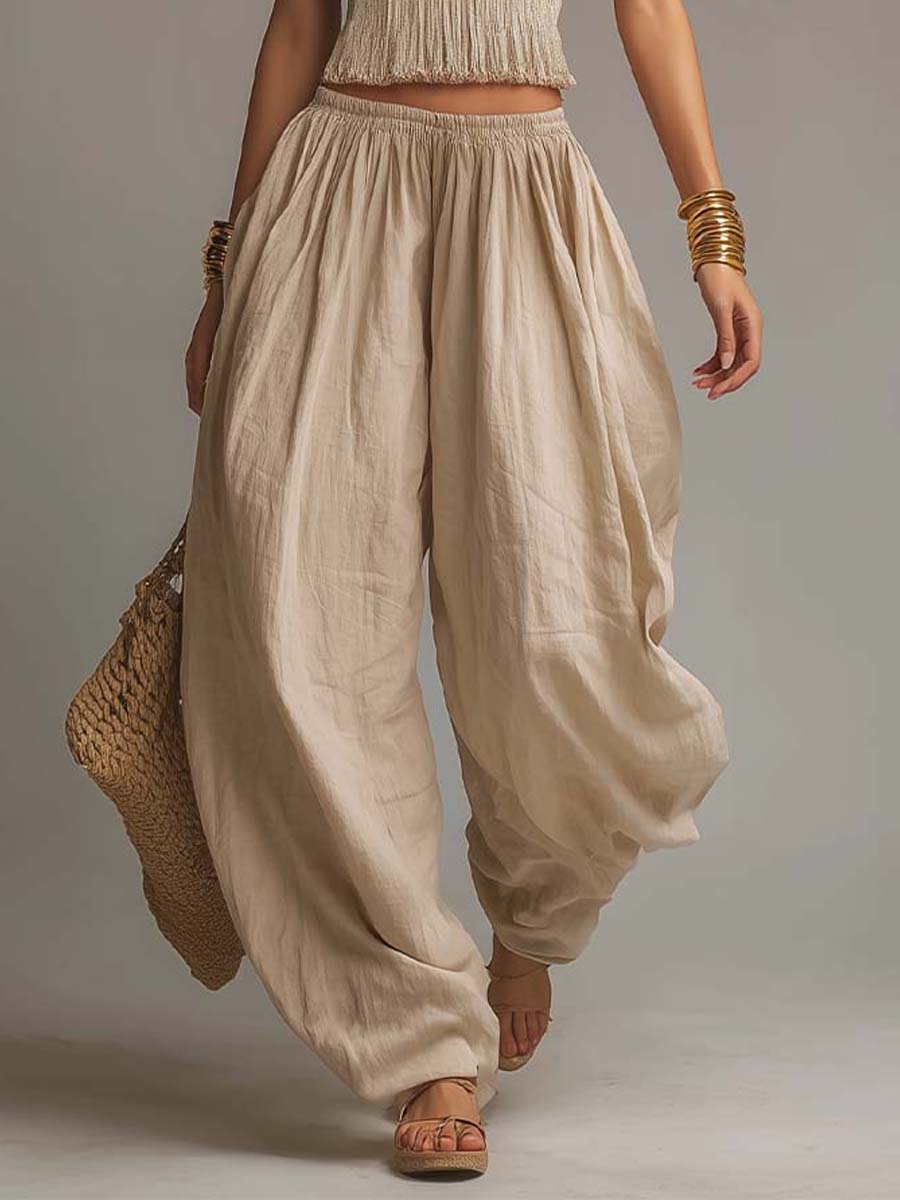 Mia | Coordinato Bohémien in Cotone e Lino: Top Halter e Pantaloni Harem