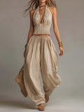 Mia | Coordinato Bohémien in Cotone e Lino: Top Halter e Pantaloni Harem