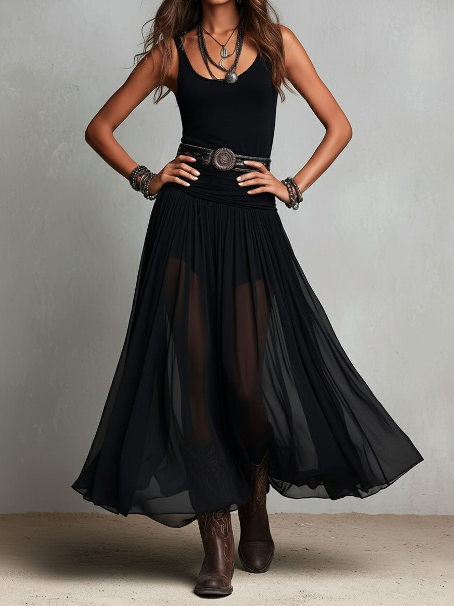 Penelope | Abito Maxi Boho Western Nero con Gonna in Tulle