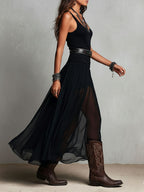 Penelope | Abito Maxi Boho Western Nero con Gonna in Tulle