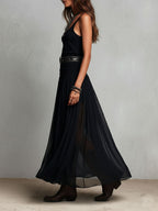 Penelope | Abito Maxi Boho Western Nero con Gonna in Tulle