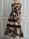 Abito Midi A-Line Elegante in Pizzo Nero