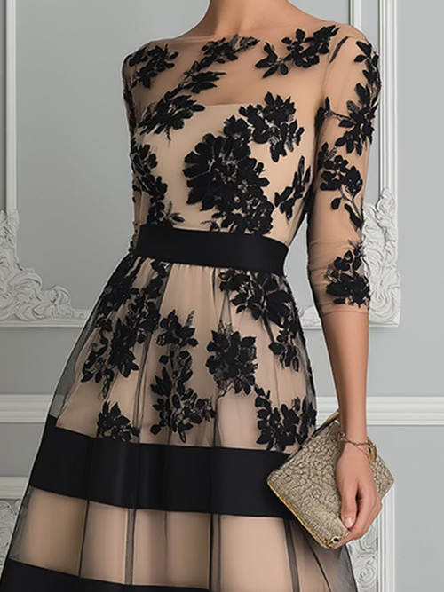 Abito Midi A-Line Elegante in Pizzo Nero