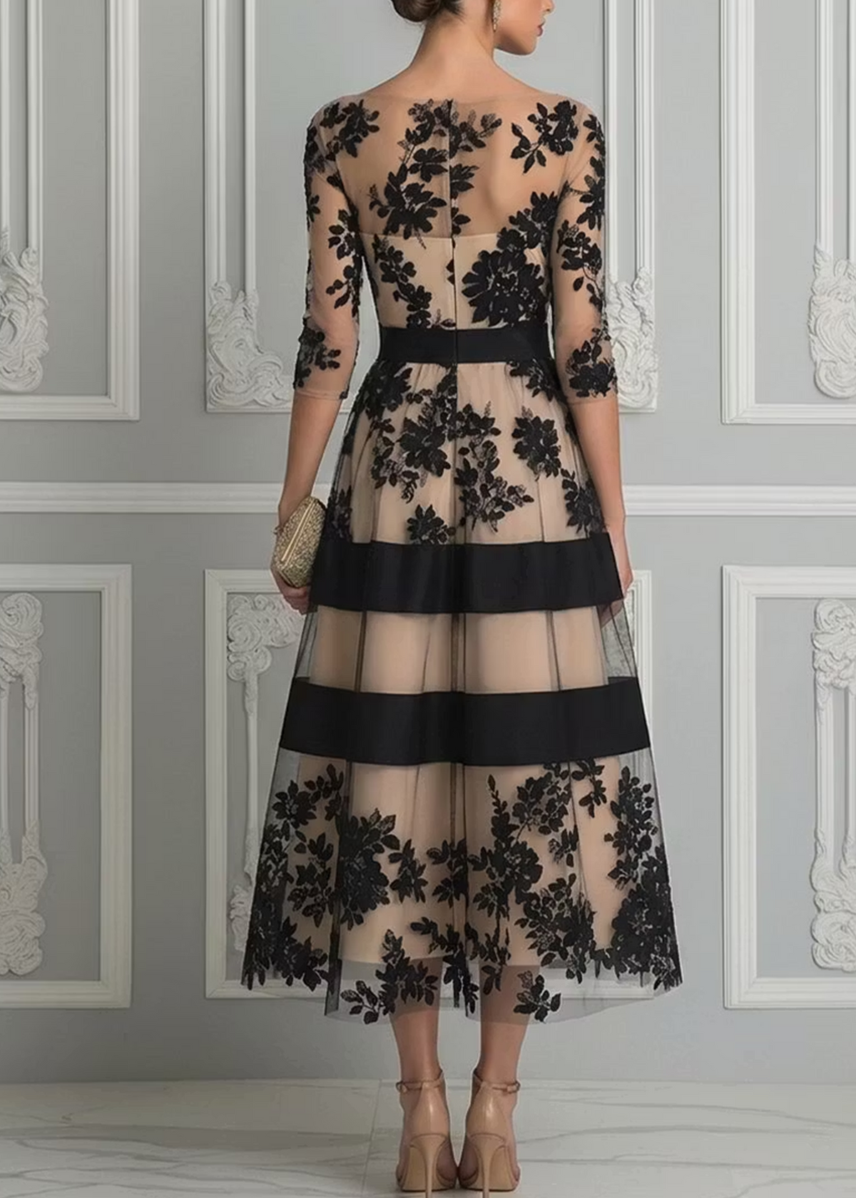 Abito Midi A-Line Elegante in Pizzo Nero