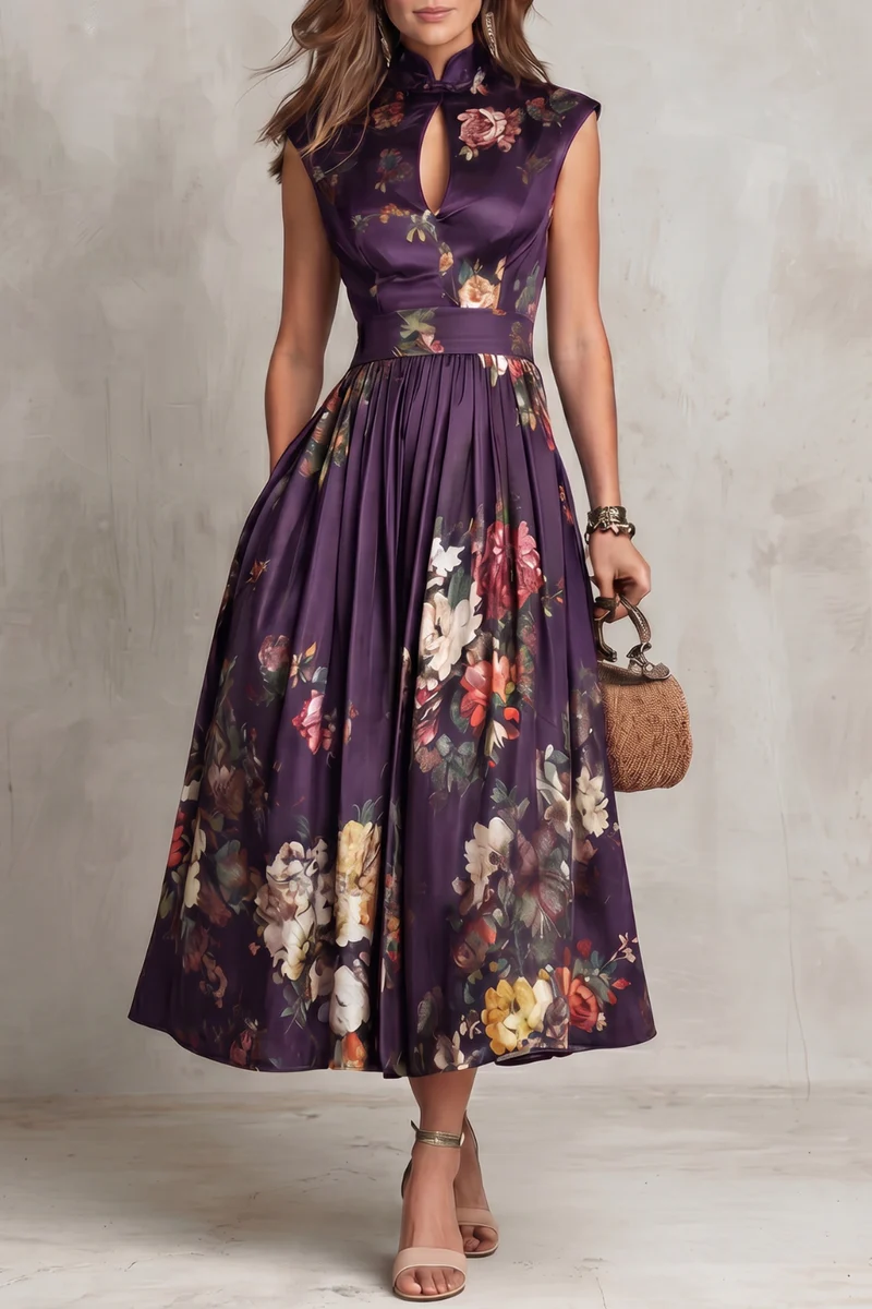 Martina | Abito Midi in Satin Plissettato con Collo a Fessura Nero