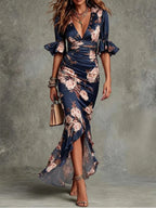Giorgia | Abito Maxi Asimmetrico in Satin Floreale Verde con Maniche a Campana