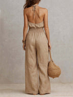 Sole | Tuta in Cotone e Lino con Scollo Halter e Gambe Larghe
