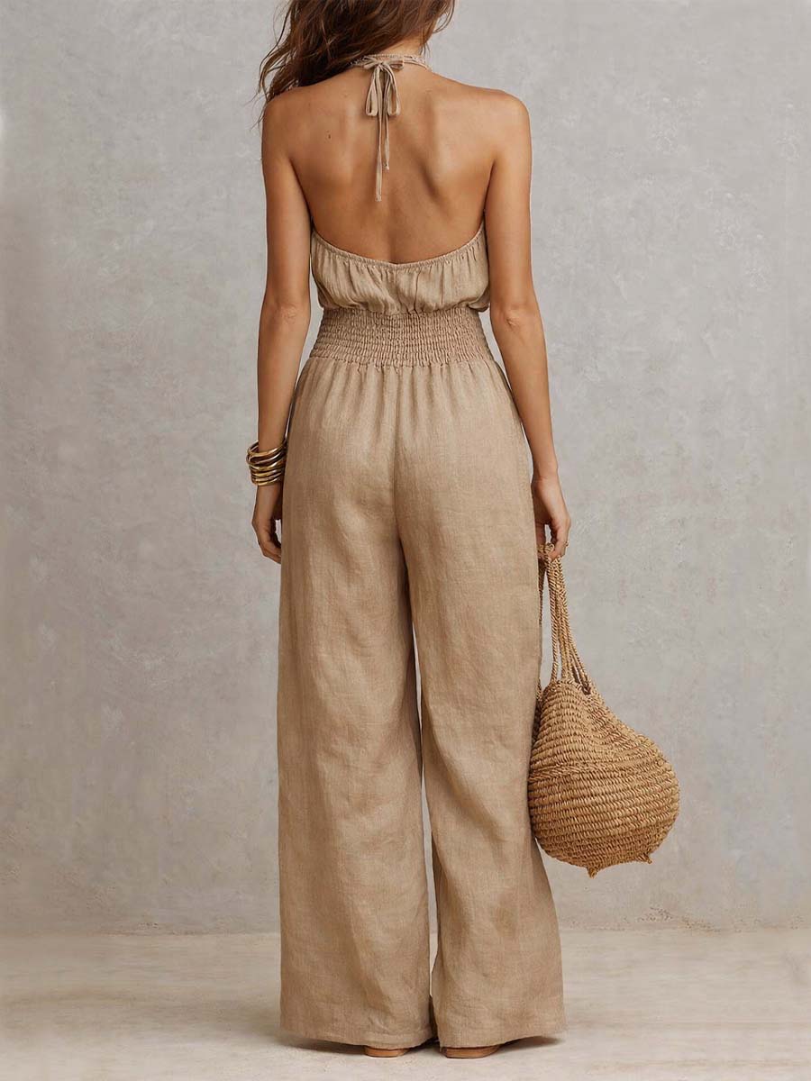 Sole | Tuta in Cotone e Lino con Scollo Halter e Gambe Larghe