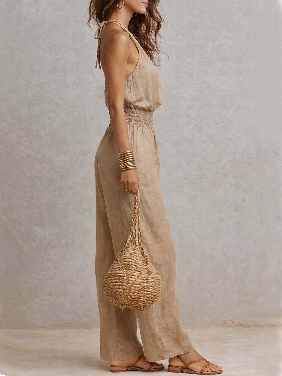 Sole | Tuta in Cotone e Lino con Scollo Halter e Gambe Larghe