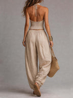 Mia | Coordinato Bohémien in Cotone e Lino: Top Halter e Pantaloni Harem