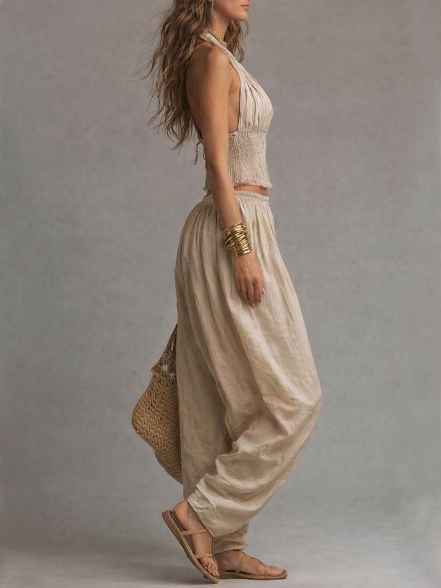 Mia | Coordinato Bohémien in Cotone e Lino: Top Halter e Pantaloni Harem