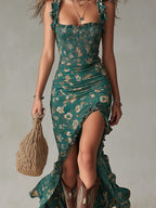 Zara | Abito Maxi Boho Retrò con Maniche Arricciate e Spacco Alto