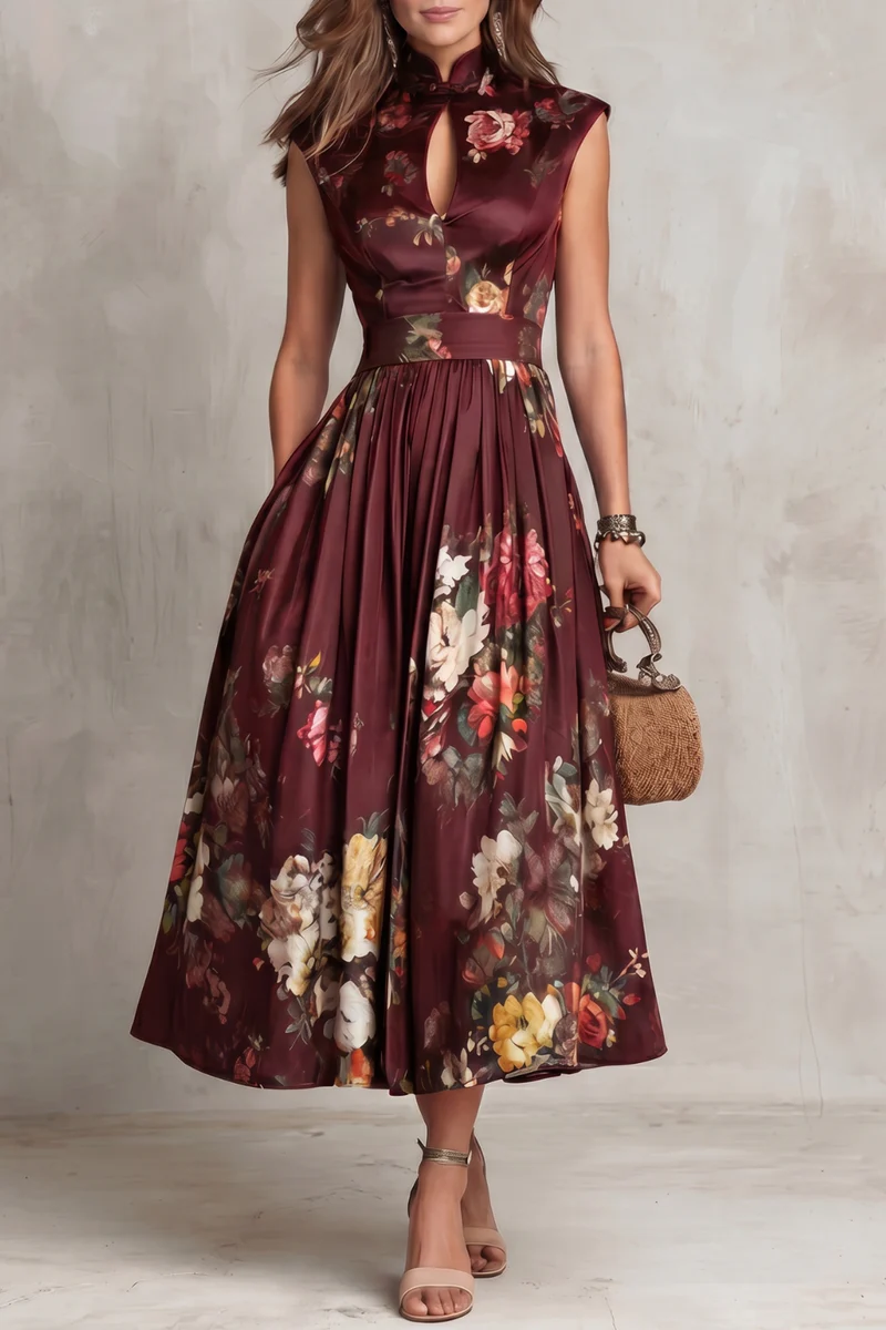 Martina | Abito Midi in Satin Plissettato con Collo a Fessura Nero