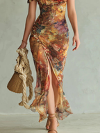 Noemi | Abito Maxi Elegante con Scollo Quadrato e Righe Floreali