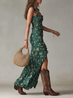 Zara | Abito Maxi Boho Retrò con Maniche Arricciate e Spacco Alto