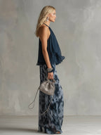 Ludovica | Completo in Chiffon con Top a Collo Alto e Pantaloni Larghi Stampati
