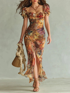 Noemi | Abito Maxi Elegante con Scollo Quadrato e Righe Floreali