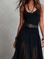 Penelope | Abito Maxi Boho Western Nero con Gonna in Tulle