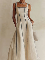 Camille | Abito Maxi A-Line a Righe in Lino, Bordo Nero