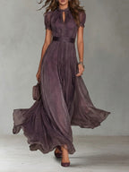 Flavia | Abito Lungo Viola con Scollo a Goccia e Bordo in Pizzo
