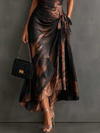 Abito Midi Avvolgente con Stampa Astratta Marrone e Nero, Collo a Camicia, Scollo a V, Maniche Corte, Vita Con Nastro, Orlo Asimmetrico Arricciato