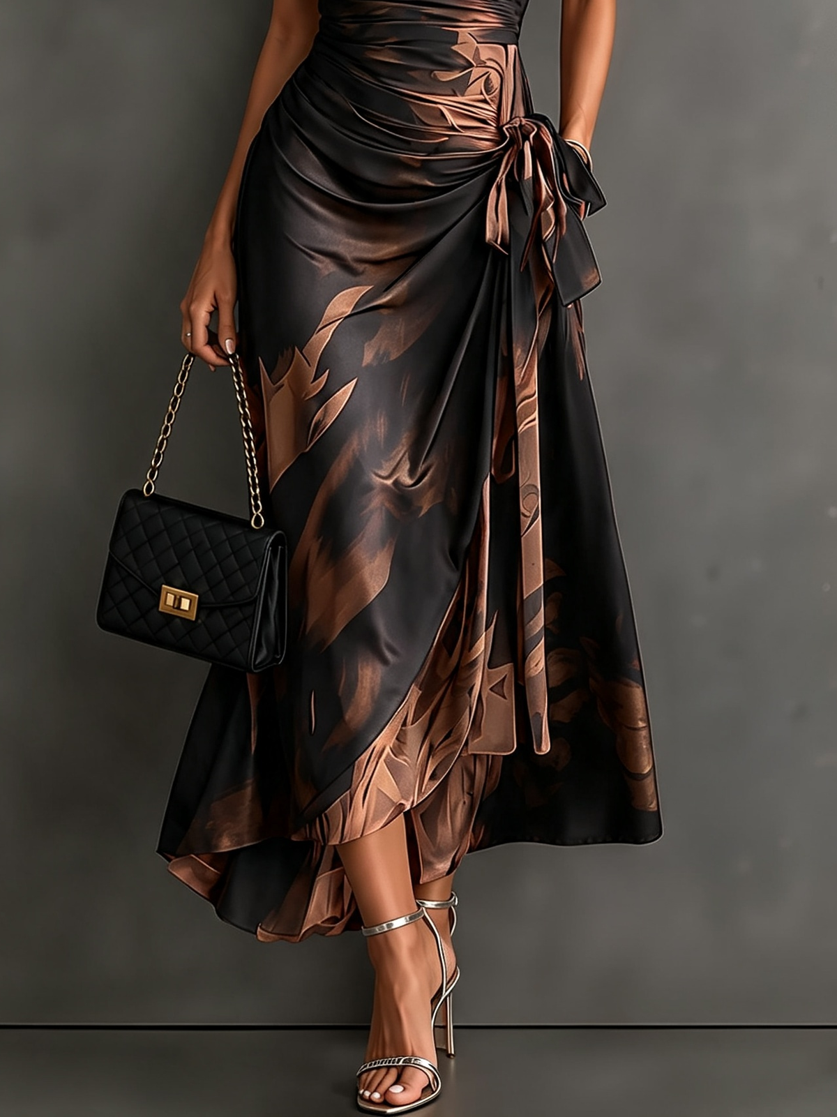 Abito Midi Avvolgente con Stampa Astratta Marrone e Nero, Collo a Camicia, Scollo a V, Maniche Corte, Vita Con Nastro, Orlo Asimmetrico Arricciato