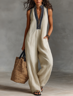 Bianca | Salopette Minimalista in Misto Lino con Zip e Ricamo