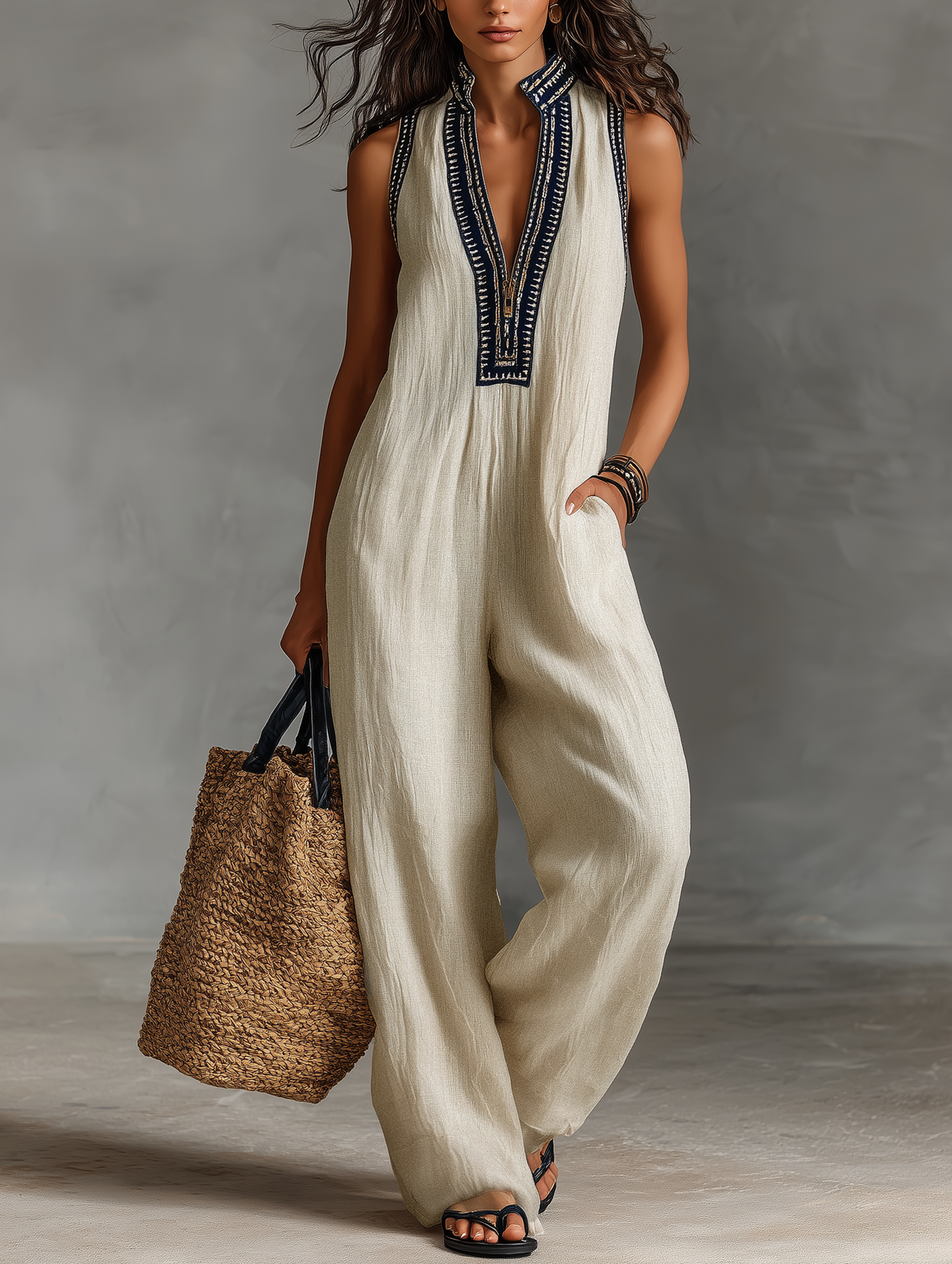 Bianca | Salopette Minimalista in Misto Lino con Zip e Ricamo
