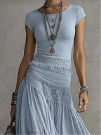 Rossella | Set Top in Pizzo Blue e Gonna Maxi Plissettata