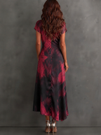 Abito Midi Avvolgente Astratto Rosso e Nero con Collo a Camicia, Scollo a V, Maniche Corte, Vita con Nastro e Orlo Asimmetrico Arricciato