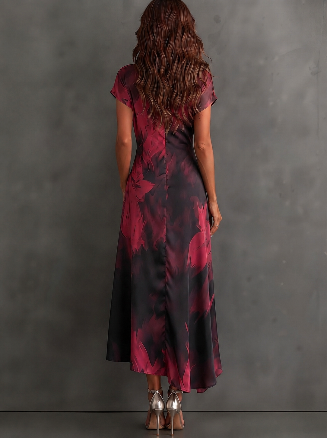 Abito Midi Avvolgente Astratto Rosso e Nero con Collo a Camicia, Scollo a V, Maniche Corte, Vita con Nastro e Orlo Asimmetrico Arricciato