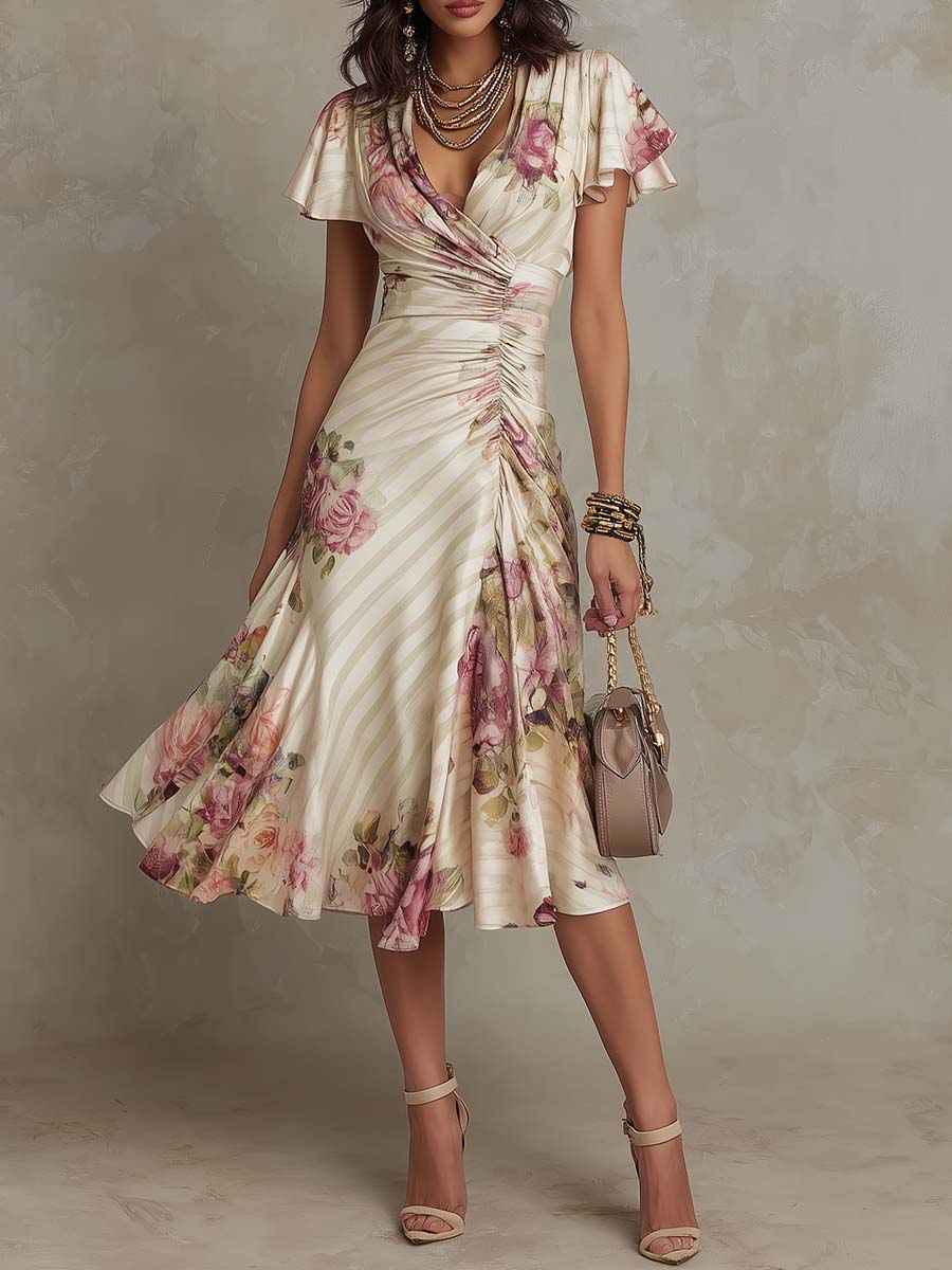 Alba | Abito Midi in Satin Floreale Elegante Retrò