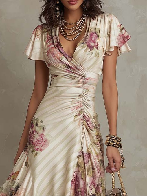 Alba | Abito Midi in Satin Floreale Elegante Retrò