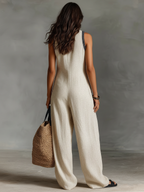 Bianca | Salopette Minimalista in Misto Lino con Zip e Ricamo