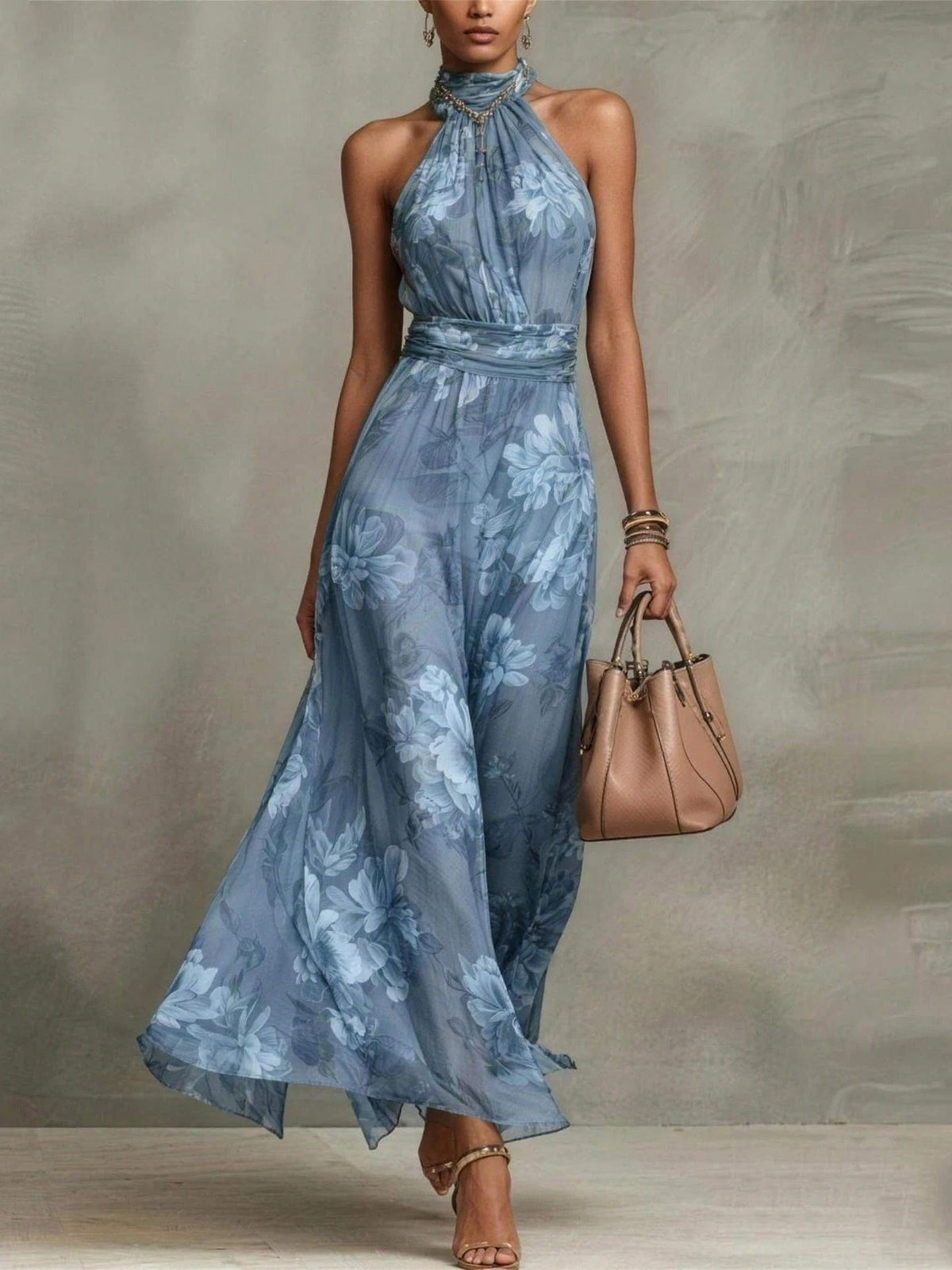 Abito lungo con stampa floreale, scollo all'americana e in chiffon verde