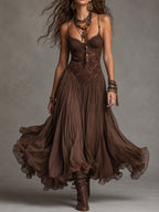 Irene | Abito Maxi in Chiffon con Pannelli in Pizzo Marrone Scuro