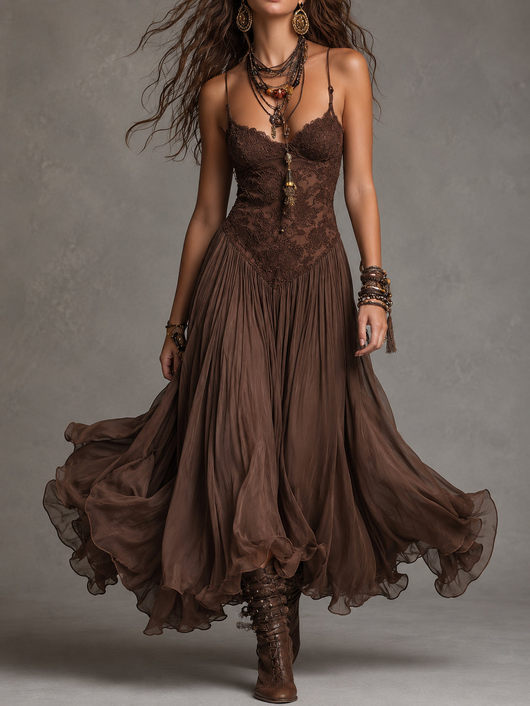 Camilla | Abito Maxi in Chiffon con Pannelli in Pizzo Marrone Scuro