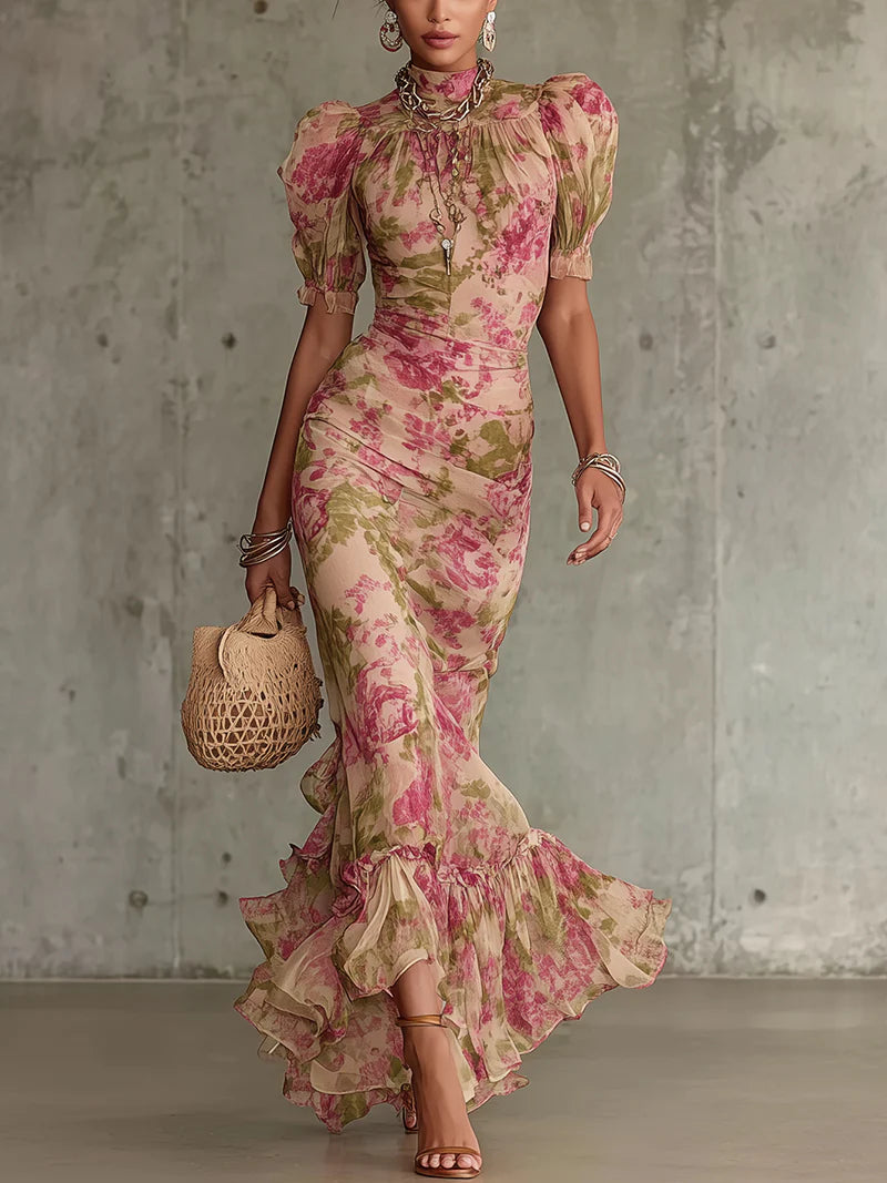 Emma | Abito Maxi a Fiori Vintage Rosa con Maniche a Sbuffo